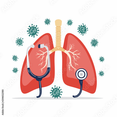 Illustration of Lungs with Stethoscope and Viruses
