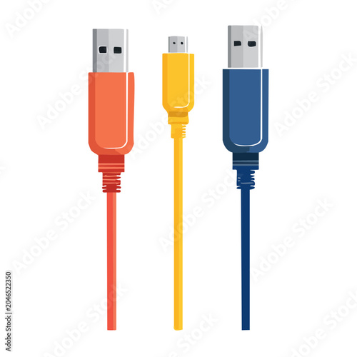 Three colorful USB cables with different connectors on white