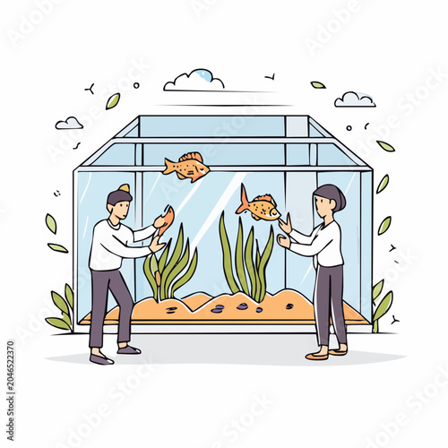 Two people caring for goldfish in a modern aquarium