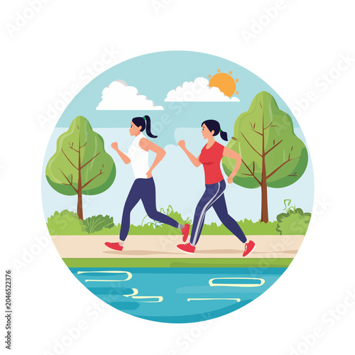 Two women running in a park by the water