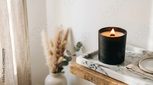 Luxury scented candle in frosted black glass jar with burning wooden wick on marble tray arranged on the right side with clean out of focus soft white wall empty copy space on the left for text