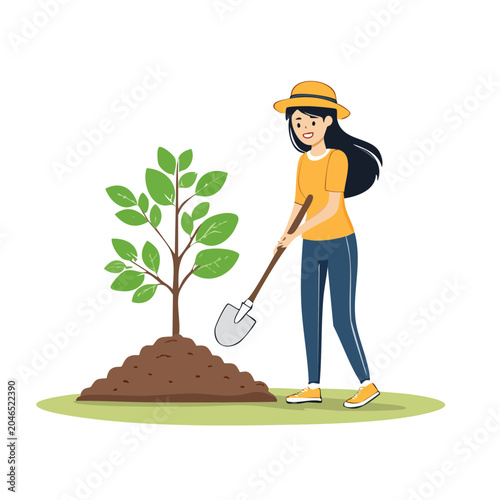 Woman planting a tree with a shovel