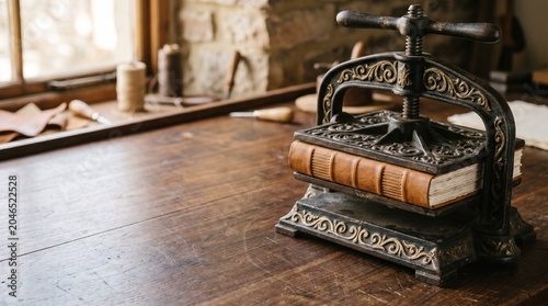 Heavy vintage cast iron bookbinding press holding stack of handmade paper sheets on the right side with entirely empty dark wooden workbench surface on the left for antique typography text