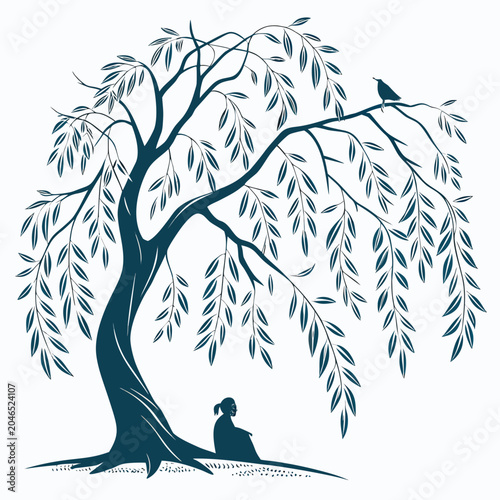 Tableau sur toile Silhouette of a person sitting under a large tree with a bird perched on a branc