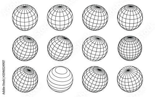 Globes With Grid Lines Black And White Vector Illustration