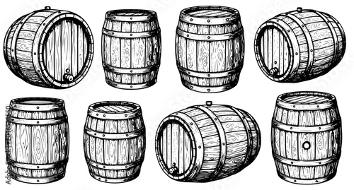 Obraz na płótnie Vintage wooden barrels set for wine whiskey beer storage hand drawn engraving sk