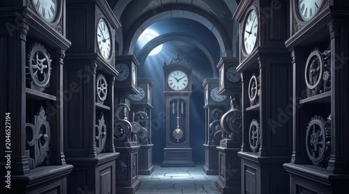 Grandfather clocks and mechanical gears lining stone corridor in mysterious workshop. Surreal clockmaker studio with moonlight shining through arched windows.