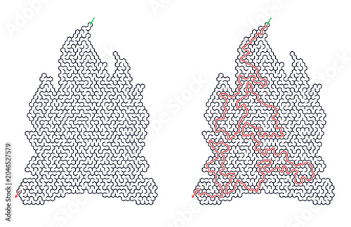 Campfire summer maze puzzle with solution path in red ink  