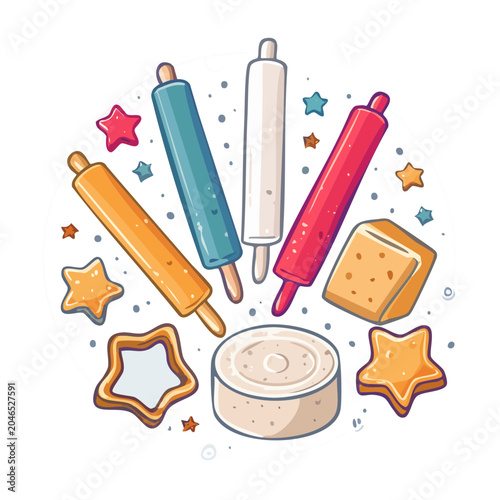 Baking supplies with rolling pins and star cookies