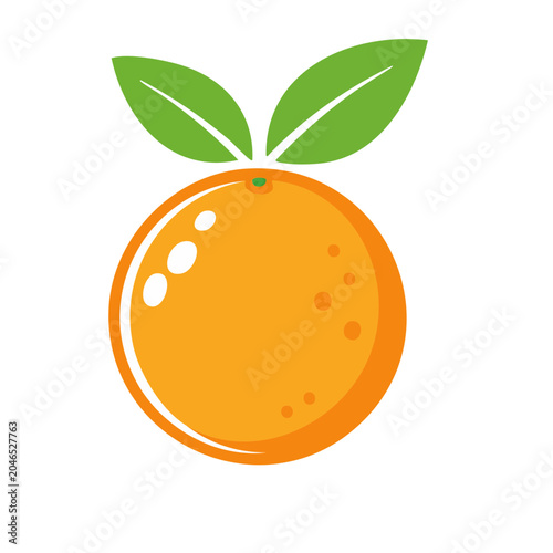 Flat design icon of an orange with green leaves
