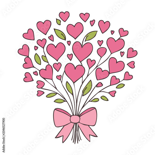Hand-drawn bouquet of pink hearts with green leaves and bow