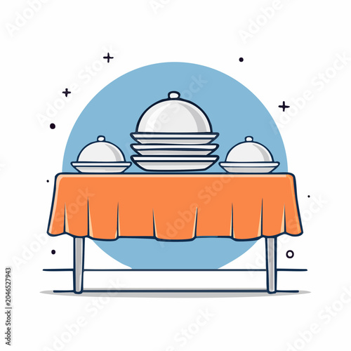 Illustration of food serving dishes on a table with tablecloth