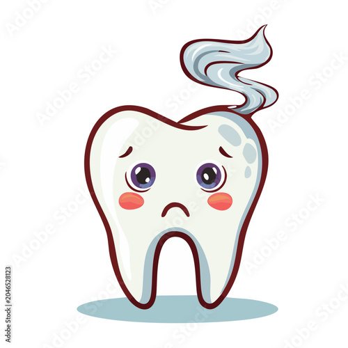 Sad cartoon tooth with smoke coming out
