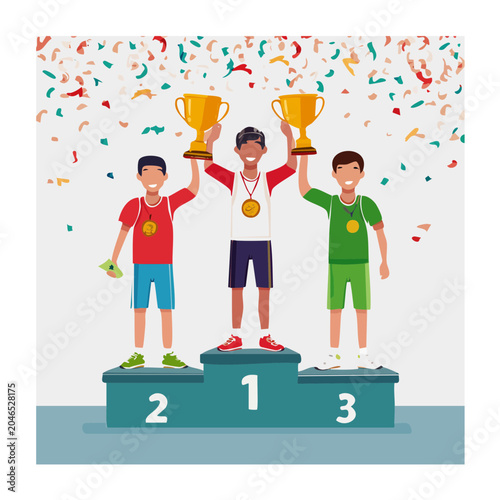 Winners on podium holding trophies with confetti