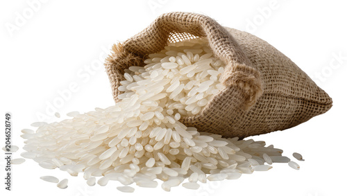 Billede på lærred Burlap sack spilling uncooked white rice grains, isolated on transparent backgro