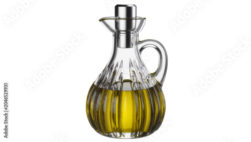 Φωτογραφία Clear glass cruet with handle filled with golden olive oil, isolated on transpar