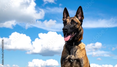 A brown dog with pointy ears peers over a white surface against a blue sky