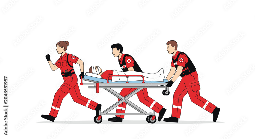 Obraz premium Three dedicated paramedics in vibrant red uniforms swiftly transport an injured patient on a sterile metal gurney across a pristine white background.