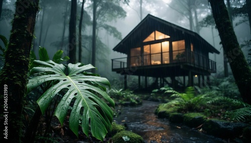 A warm island of light in the embrace of a misty jungle