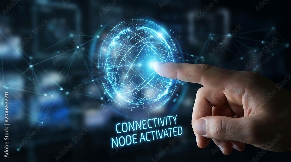 Fototapeta premium AI Generated Hand activates digital connectivity node on futuristic network globe with blue lines