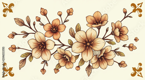Elegant floral decorative border with vintage brown flowers and leaves