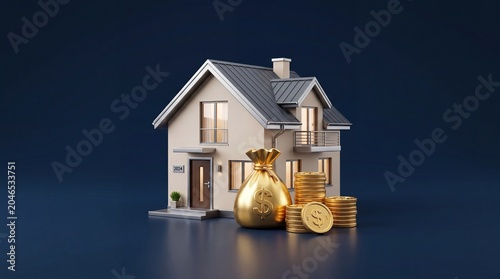 Modern house with money bag and stacked gold coins, 3D financial real estate concept