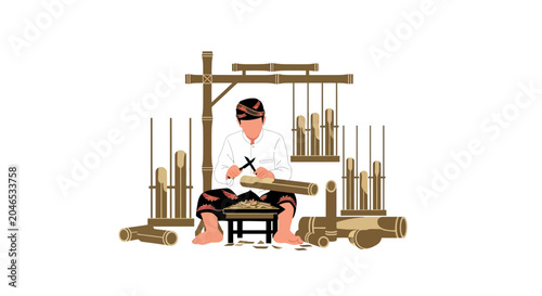 Slika na platnu Balinese Musician Playing Angklung Bamboo Instrument