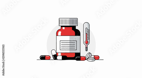 Medicine Bottle With Pills Thermometer.