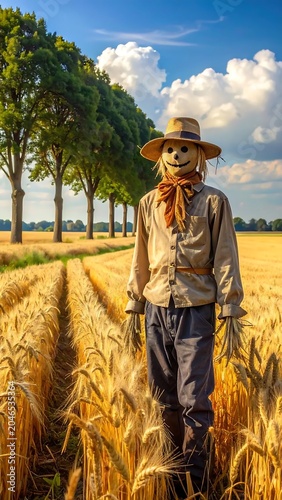 Farmer standing in golden wheat field under blue sky.
