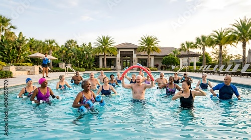 Group of happy active senior people participating in water aerobics class at community pool.