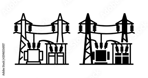 Tableau sur toile Electrical Substation Vector Icons: Power Grid Infrastructure, Energy Transmissi