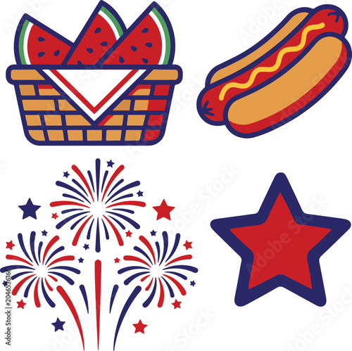 Graphic illustration of patriotic fourth of july icons featuring food and celebration items, cartoon flat style food with bold outlines, summer holiday party symbols on transparent background.