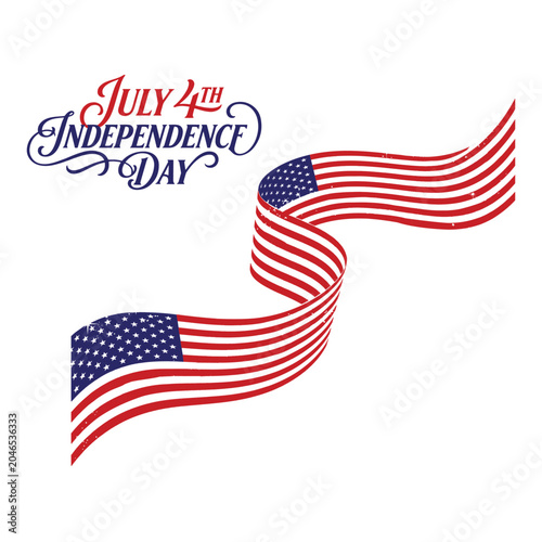 Elegant hand drawn lettering for united states national holiday featuring flowing flag banners, patriotic typography design with stars and stripes elements on white background background.