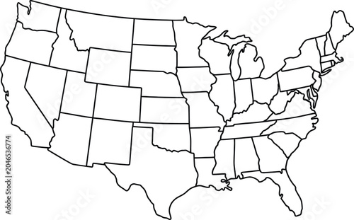 United States of America political map vector outline, blank states, black and white, isolated on white