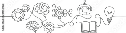 Continuous line vector drawing of AI, machine learning, robotics, and innovation concept with gears, brain, neural network, robot, book, and lightbulb isolated on white