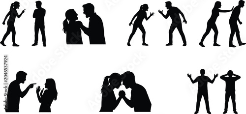 Cuadro en lienzo Silhouettes of people arguing, fighting, and interacting in various confrontatio