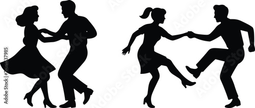 фотографія Silhouettes of four people dancing in pairs, swinging and swaying to the left da