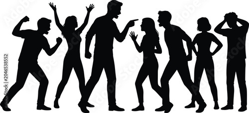 Konstfotografi Silhouette of seven people in various poses, arguing and reacting silhouettes bl