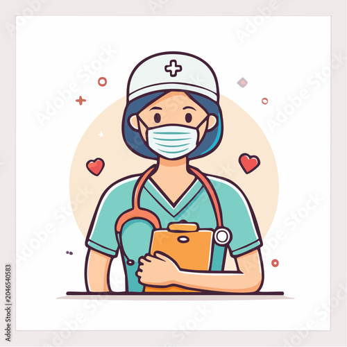 Cartoon Nurse Wearing Face Mask and Stethoscope