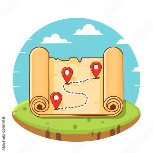 Illustration of a rolled map with pins on a small island