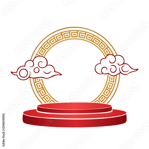 Red stage podium with clouds and ornamental circle