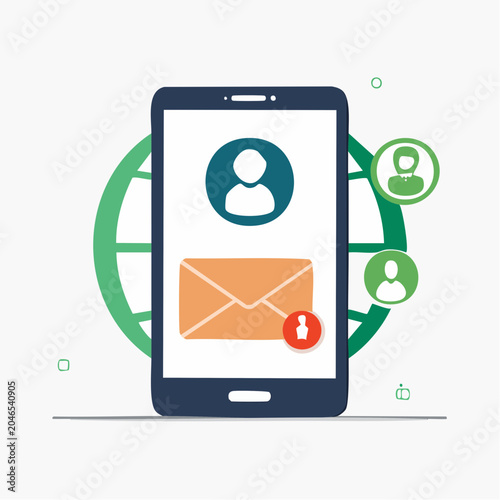Smartphone displaying email and user profiles with globe background