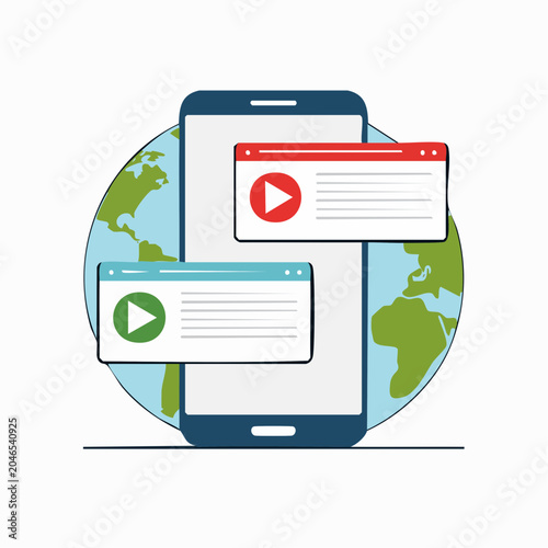 Smartphone displaying video players with globe background