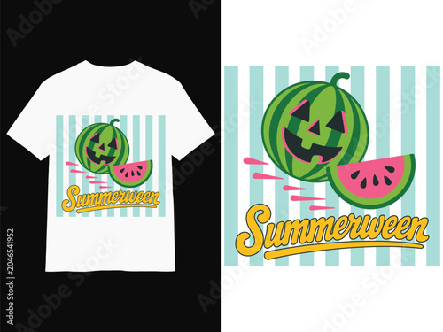 Summerween Watermelon Pumpkin Summer T Shirt Design Retro Halloween Illustration