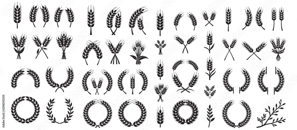 Obraz premium Set of Wheat and Grain Laurel Wreath Silhouette Icons Agricultural Emblems and Rustic Harvest Symbols