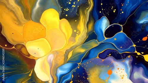 Abstract fluid art creating dynamic yellow and blue swirling patterns with organic liquid marble shapes and gold flecks