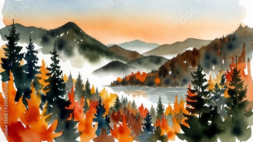 Autumn mountain landscape with vibrant forest trees reflecting in a tranquil lake at sunset