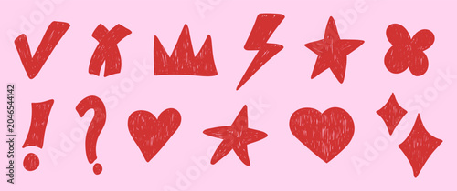 Set of red hand drawn doodles. Y2K coquette scribble texture. Features cute stars, hearts, crowns, check marks, lightning bolts and signs. Perfect for scrapbooking, stickers, planners, stationery.