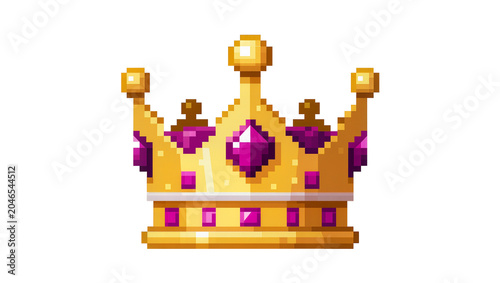 Photography Isolated pixel art golden crown with purple gemstones, royal headpiece, fantasy game asset