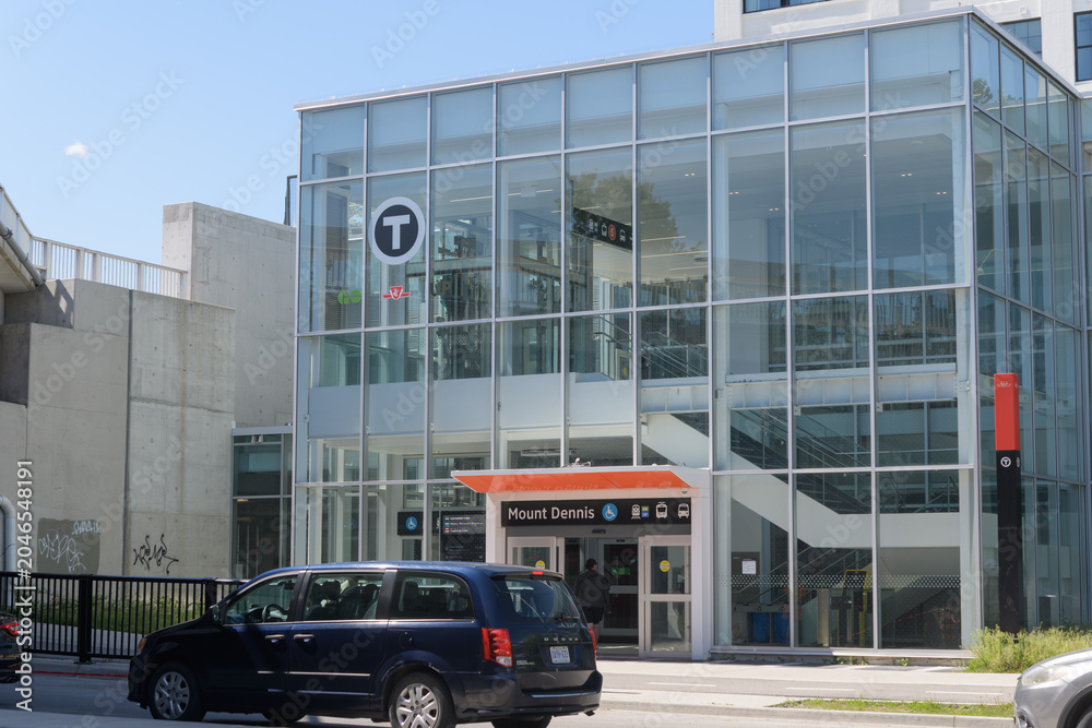 Obraz premium exterior building facade and sign of Mount Dennis Eglinton Line 5 station, Toronto